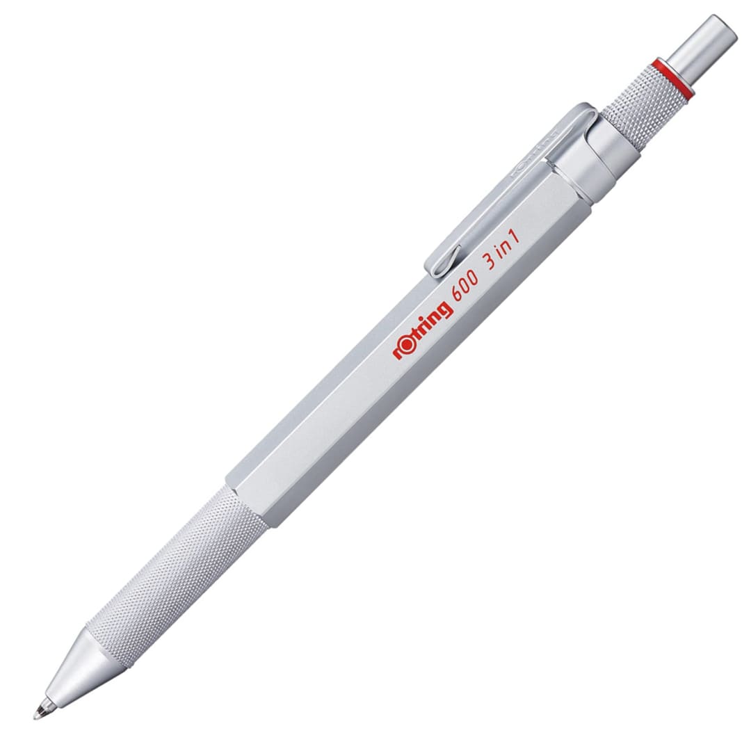rOtring 600 3-in-1 Multicolor Pen and Mechanical Pencil, Switches Between 2 Ballpoint Pen Fine Point Tips (Black and Red Ink) and 1 Mechanical Pencil Tip (0.5mm Lead), Silver Barrel
