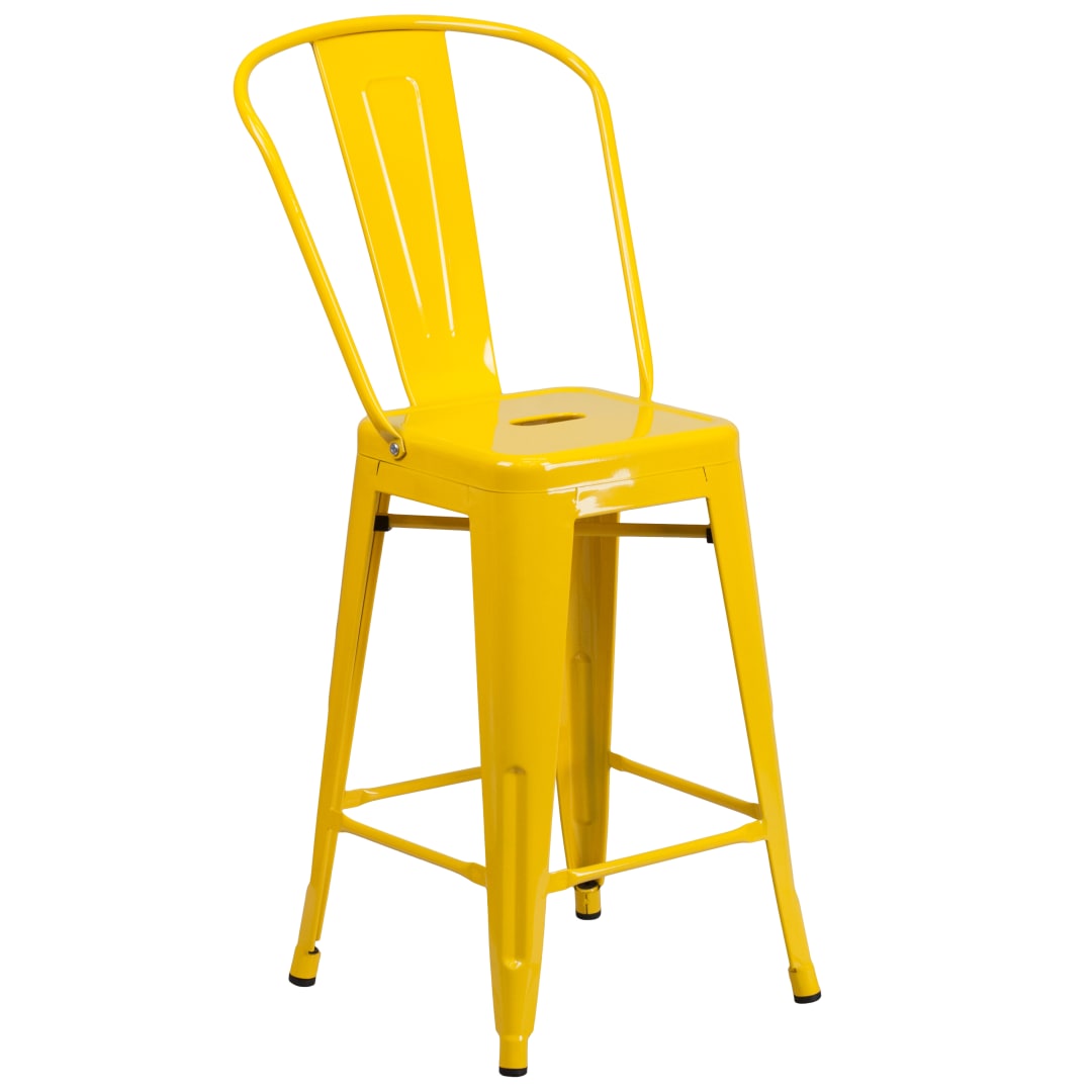 Kai Commercial Grade 24" High Yellow Metal Indoor-Outdoor Counter Height Stool with Removable Back