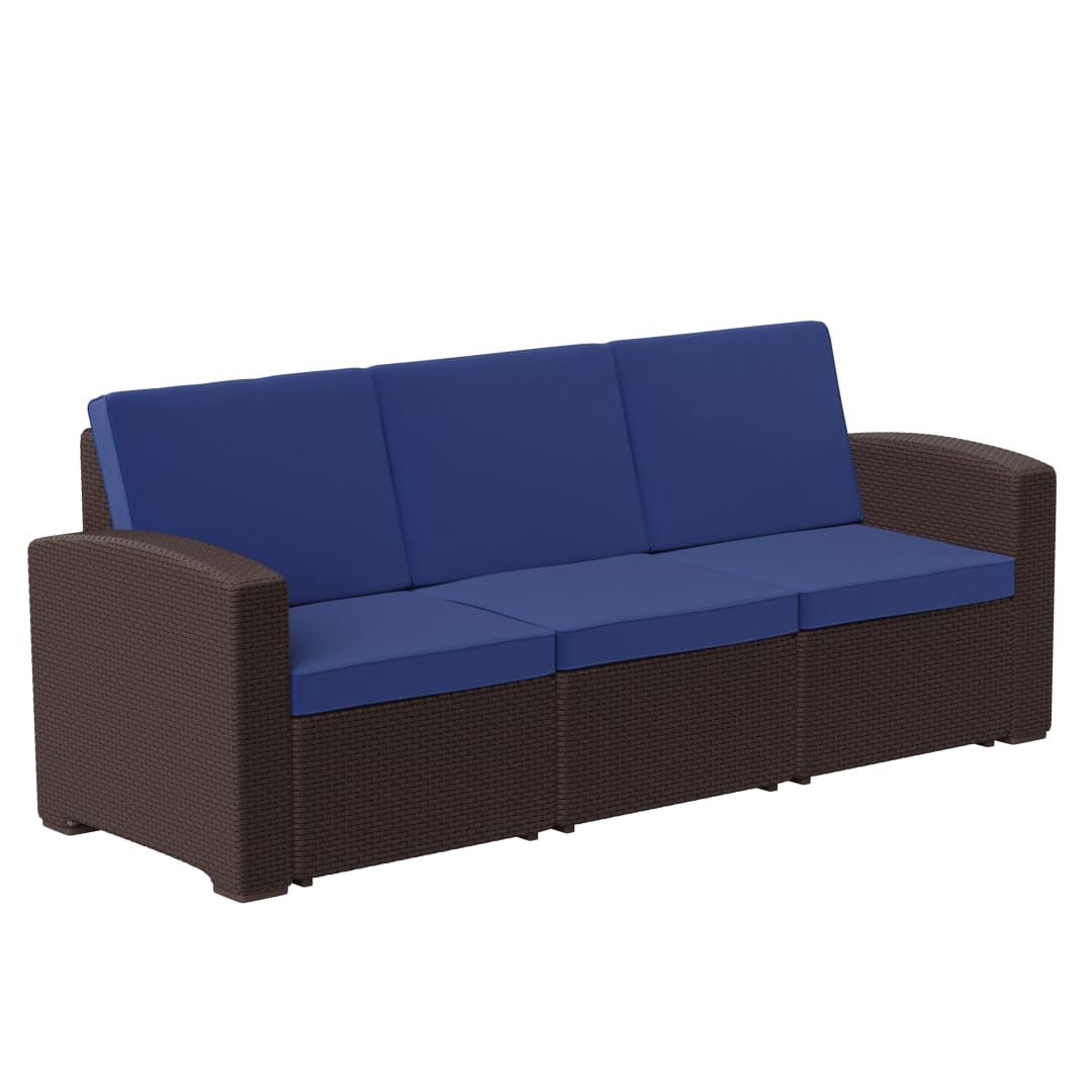 Seneca Brown Faux Rattan Sofa with All-Weather Navy Cushions