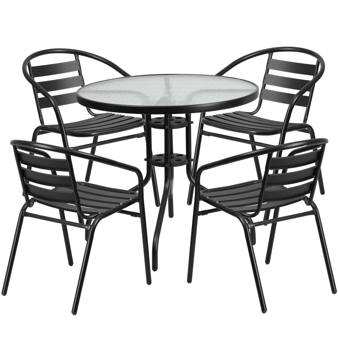 Lila 31.5'' Round Glass Metal Table with 4 Black Metal Aluminum Slat Stack Chairs