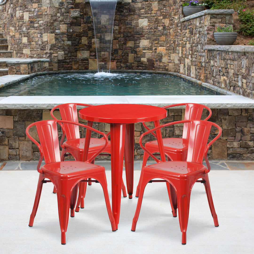 Chauncey Commercial Grade 24" Round Red Metal Indoor-Outdoor Table Set with 4 Arm Chairs