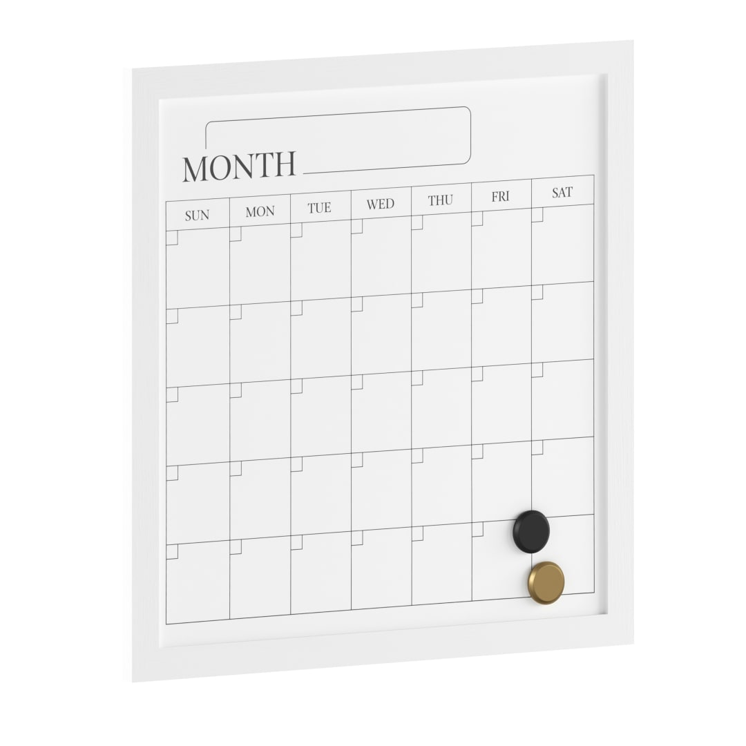 Everette 18" x 18" Magnetic Monthly Calendar Dry Erase Board with White Woodgrain Frame, Included Dry Erase Marker and 2 Magnets