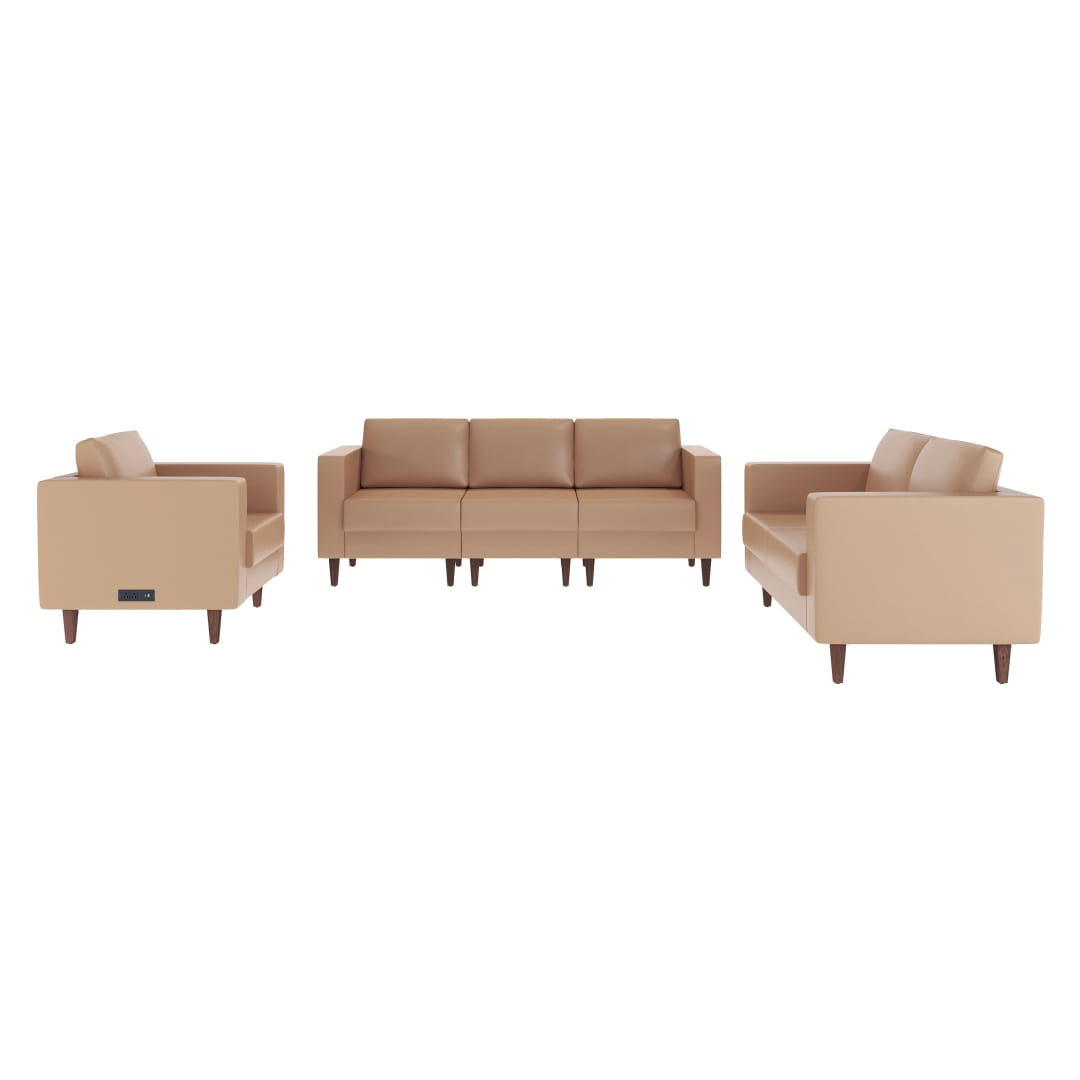 HERCULES Artemis 3 Piece Cognac LeatherSoft Reception Set, 8 AC Outlets/4 USB/4 USB-C Ports and Solid Walnut Wood Legs with Adjustable Floor Glides