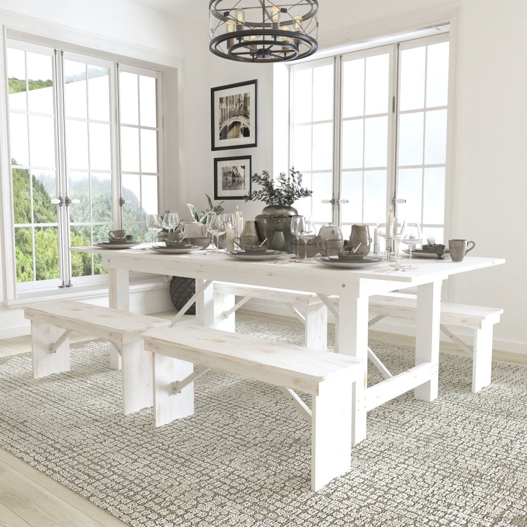 HERCULES Series 8' x 40" Antique Rustic White Folding Farm Table and Four 40.25"L Bench Set