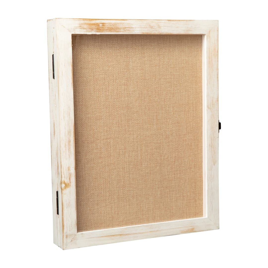 Peyton 11x14 Shadow Box Display Case with Linen Liner, 8 Push Pins and Solid Pine Wood Frame in Whitewash