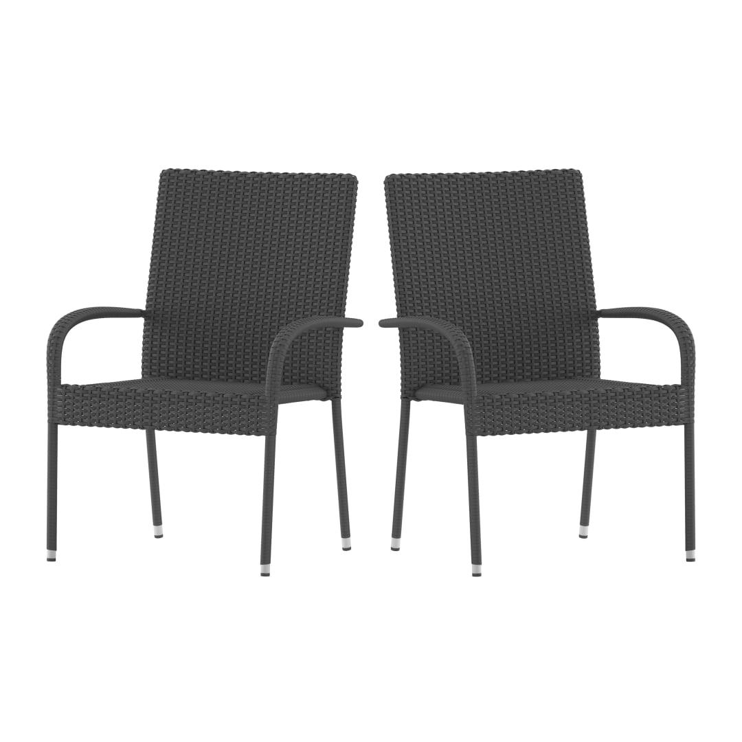 Maxim Set of 2 Stackable Indoor/Outdoor Wicker Dining Chairs with Arms - Fade & Weather-Resistant Steel Frames - Gray