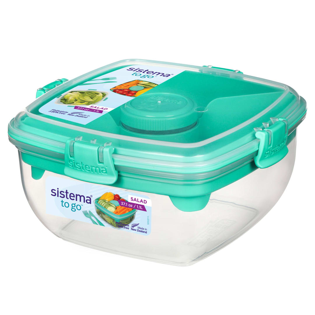 Sistema Salad TO GO | Recipiente para guardar alimentos con compartimentos individualescubiertos y compartimento para aderezos | 1,1 l | Sin BPA | Verde azulado
