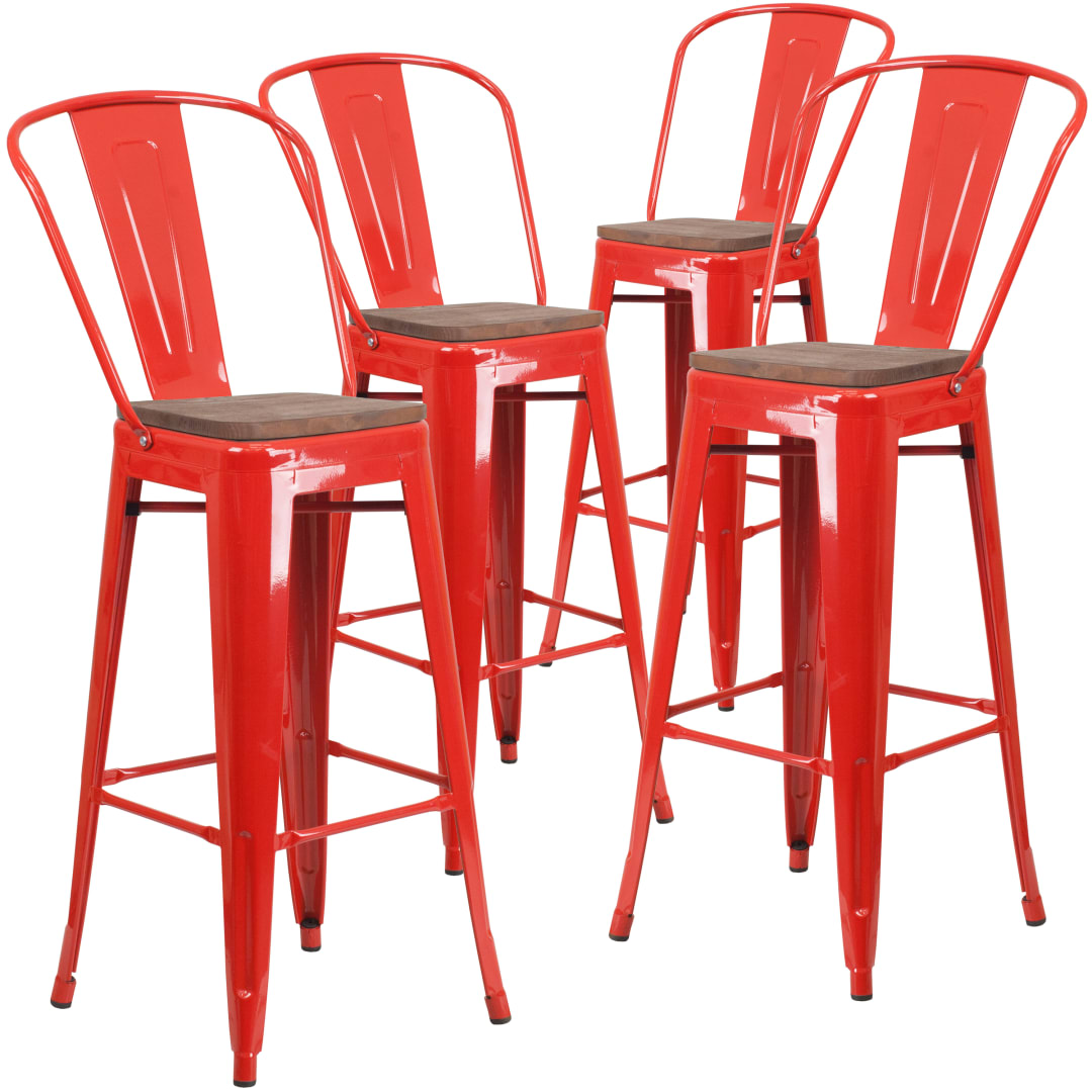 Lily 4 Pk. 30" High Red Metal Barstool with Back and Wood Seat