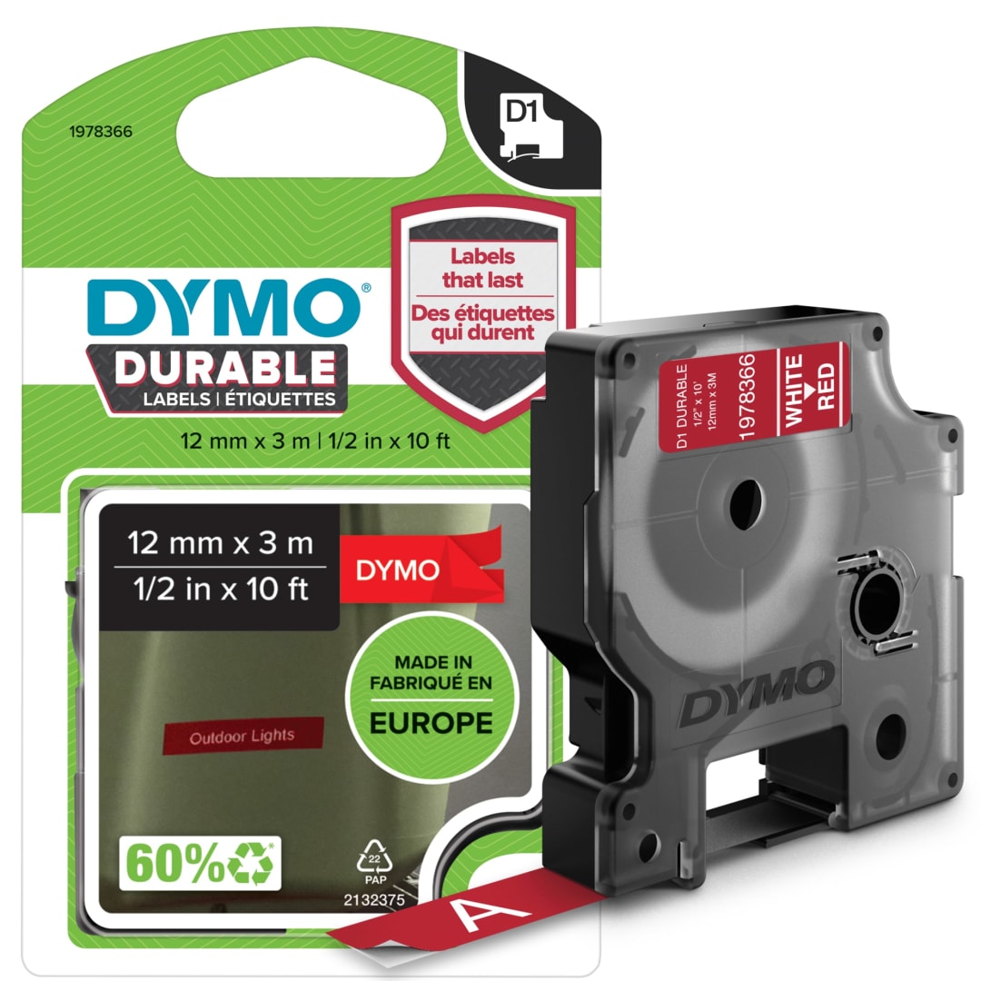 DYMO® D1 Durable Labeling Tape for LabelManager Label Makers, White Print on Red Tape, 1/2" W x 10' L, 1 Cartridge