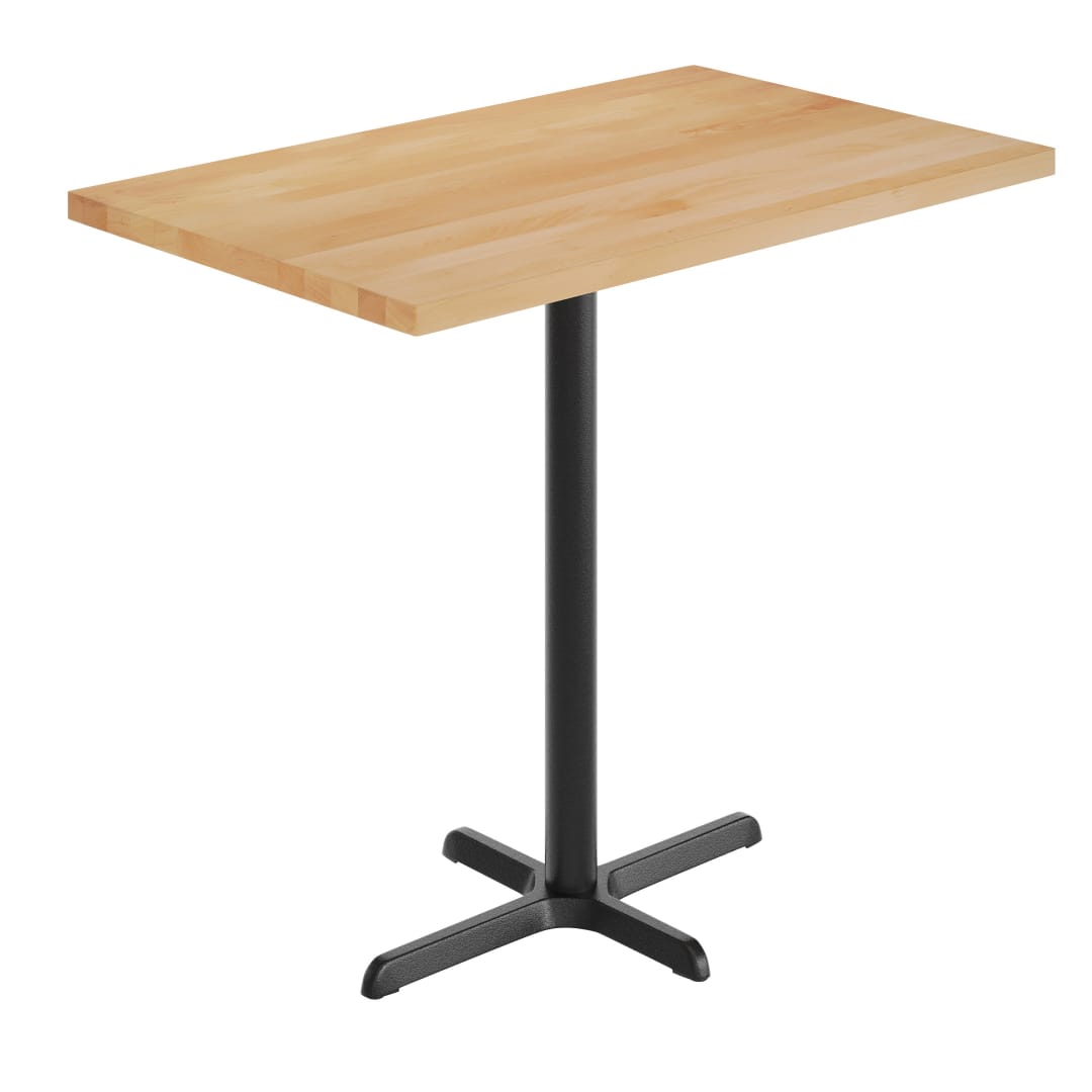 Bennett 30" x 48" Solid Wood Commercial Indoor Tabletop in Natural with 23.5" x 29.5" Bar Height Rust-Resistant Black Cast Iron X-Base