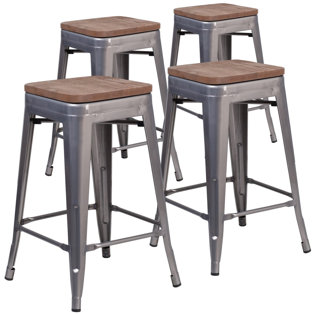 Lincoln 4 Pk. 24" High Backless Silver Antique Finish with Clear Coat Metal Counter Height Stool with Square Wood Seat