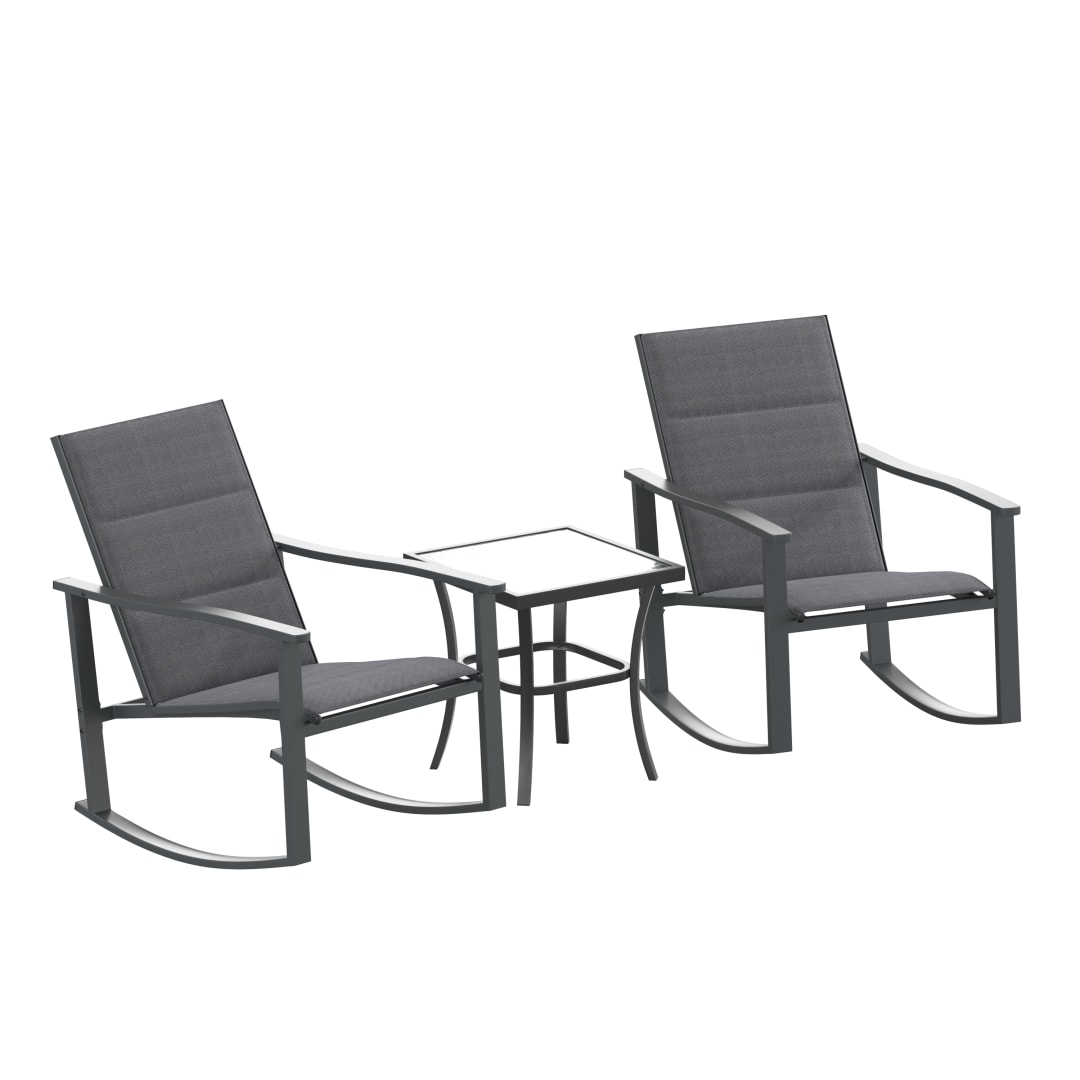 Brazos 3 Piece Outdoor Rocking Chair Bistro Set with Flex Comfort Material and Steel Framed Glass Top Table, Black/Black