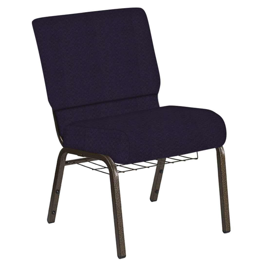 Embroidered 21''W Church Chair in Fiji Plum Fabric with Book Rack - Gold Vein Frame