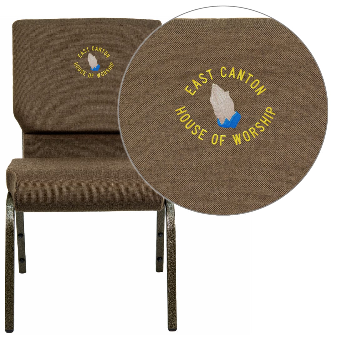 Embroidered HERCULES Series 18.5''W Stacking Church Chair in Brown Fabric - Gold Vein Frame
