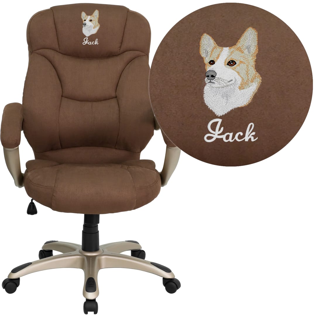 Jessie Embroidered High Back Brown Microfiber Contemporary Executive Swivel Ergonomic Office Chair with Arms
