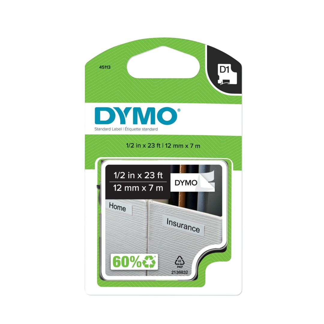 DYMO® D1 Labels, 1/2-Inch x 23-Foot Roll, Black Print on White, Self-Adhesive, For LabelManager Label Makers