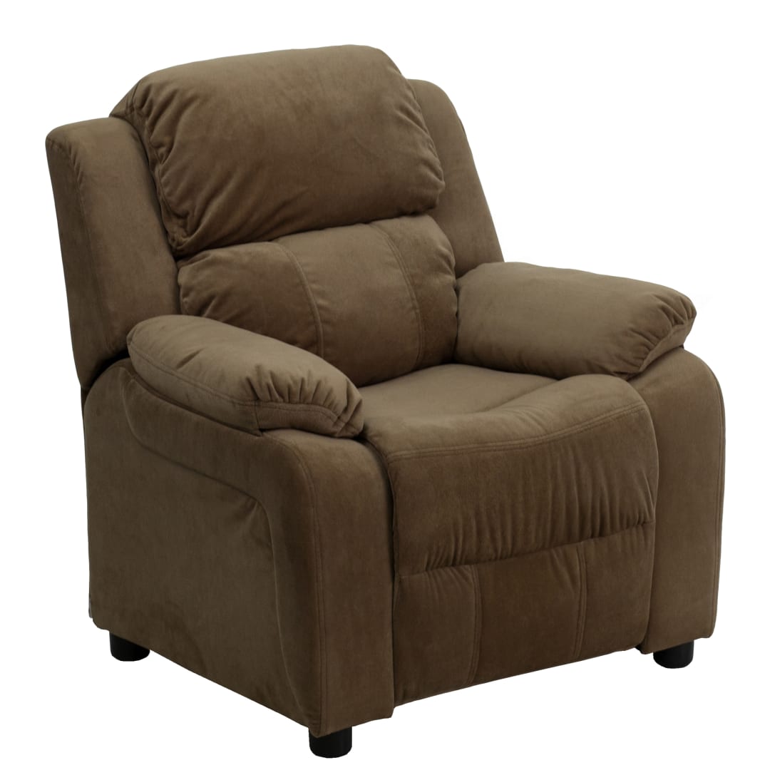 Charlie Deluxe Padded Contemporary Brown Microfiber Kids Recliner with Storage Arms