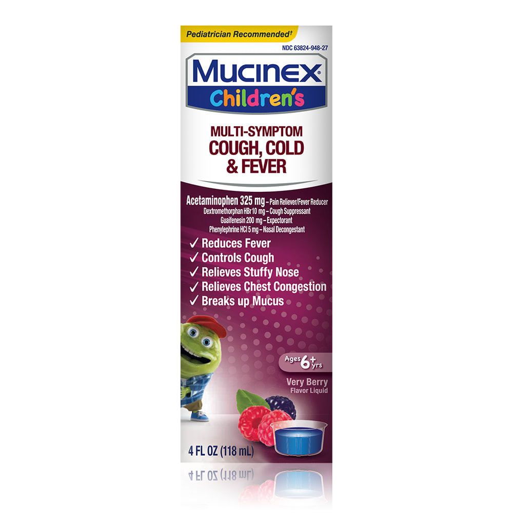 Mucinex Children's Multi-Symptom Cough, Cold and Fever Liquid, Very Berry, 4 Ounce (Packaging May Vary)