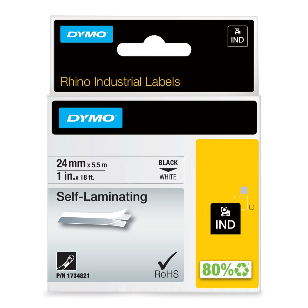 DYMO® Rhino Industrial Self-Laminating Labels, 1", Black Print on White Tape