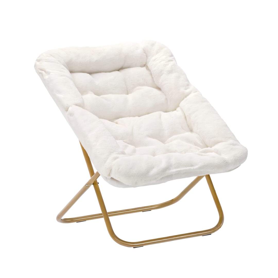 Archer 28" Oversized Portable Faux Shearling Folding Saucer Chair for Dorm, Bedroom, Ivory Faux Shearling/Soft Gold Frame
