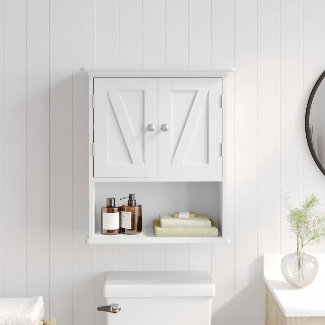 Dune Farmhouse Wall Mounted Bathroom Medicine Cabinet Storage Organizer with 2 Magnetic Closure Doors, Adjustable Shelf, and Lower Open Shelf in White