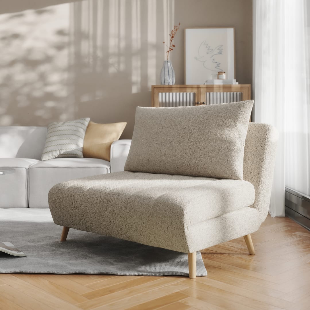 Shaw Convertible Tri-Fold Chair with Pillow - Multifunctional Adjustable Sleeper - Channel Stitching-Removable Legs - Cream Boucle