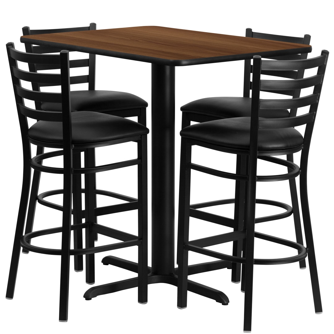 Carlton 24''W x 42''L Rectangular Walnut Laminate Table Set with 4 Ladder Back Metal Barstools - Black Vinyl Seat