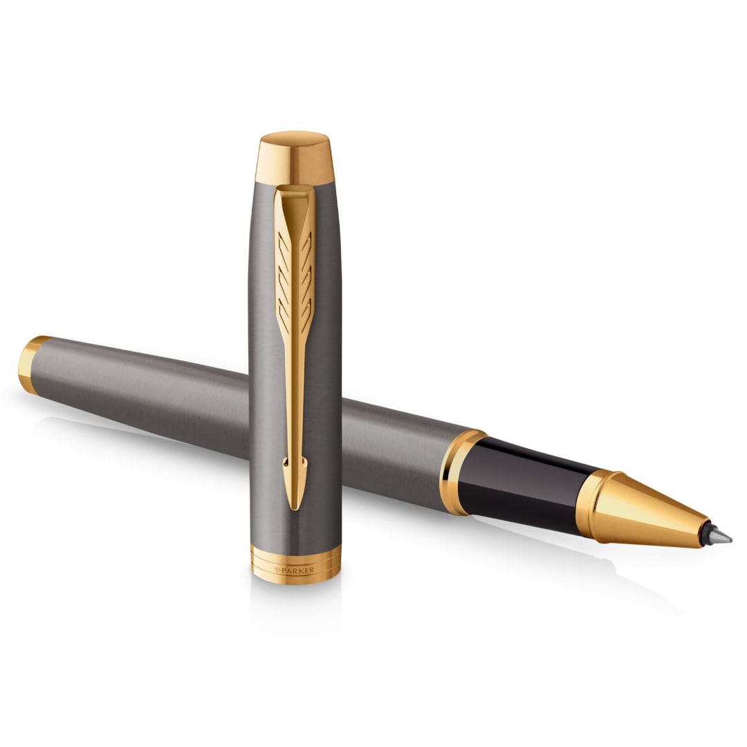 Parker IM Rollerball Pen | Grey Lacquer with Gold Trims | Fine Stainless Steel Point | Black Ink Refill | Gift Box | Perfect Graduation Gifts