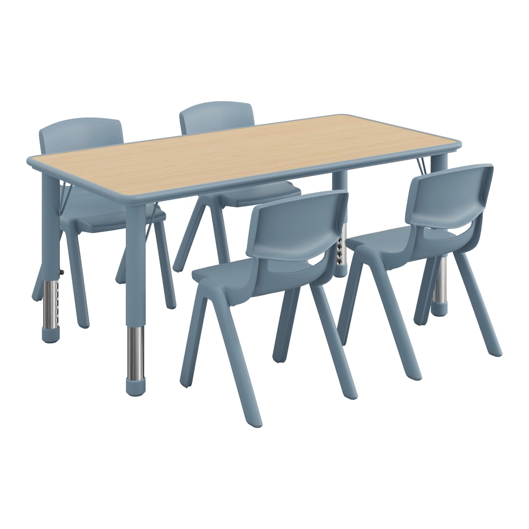 Emmy 5-Piece Kids Height Adjustable Activity Table Set, 47.25" x 23.5" Natural Woodgrain Laminate Top, Dusty Blue Frame, 4 Dusty Blue Chairs