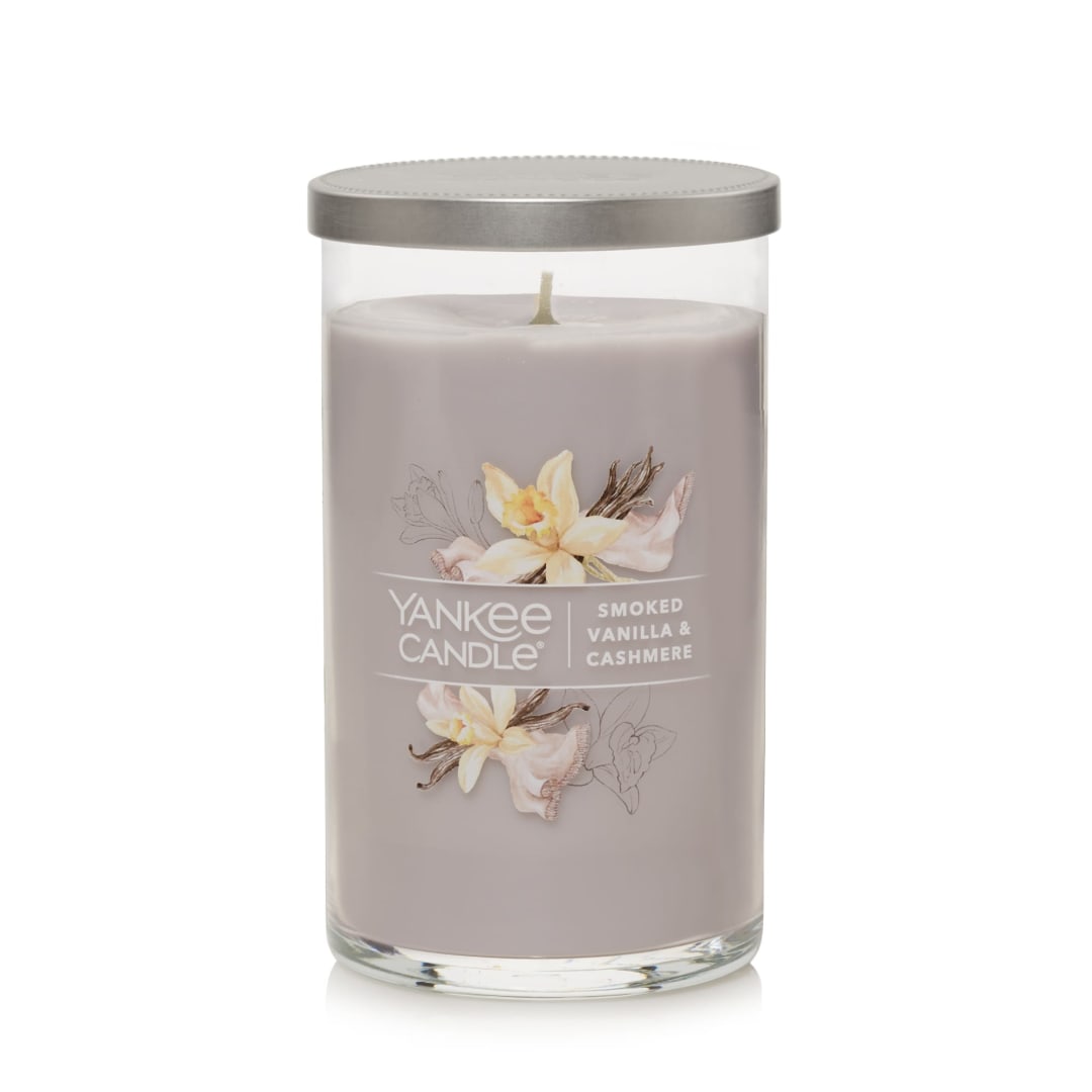 Yankee Candle Smoked Vanilla & Cashmere Signature Medium Pillar Candle - 14.25 oz Light Gray Soy Wax Blend Metal Lid Coaster - Ideal for Home & Kitchen Decor