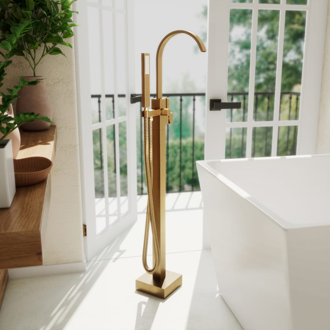 DreamLine Levantine 38 inch x 9 inch Freestanding Tub Faucet with Handshower, Brushed Brass