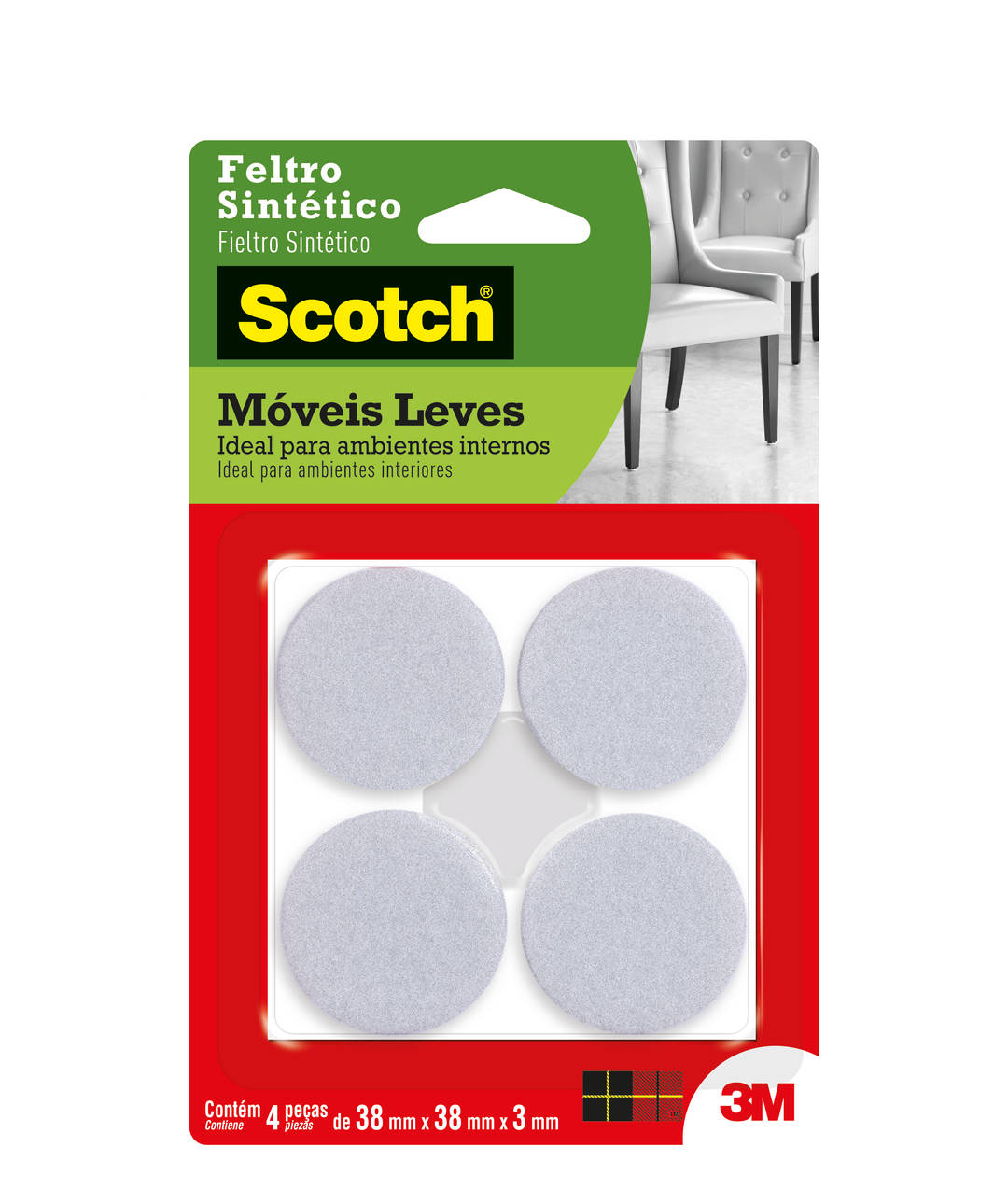 Feltro Sintético para Móveis Leves 3M™ Scotch™ Redondo, Branco, Extra Grande, 4 Unidades
