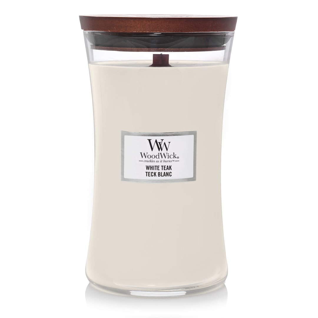 WoodWick® Large Hourglass Scented Candle | White Teak | with Crackling Wick | Burn Time: up to 130 Hours