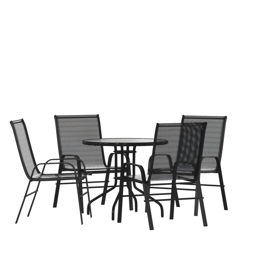 Brazos 5 Piece Outdoor Patio Dining Set - 31.5" Round Tempered Glass Patio Table, 4 Black Flex Comfort Stack Chairs