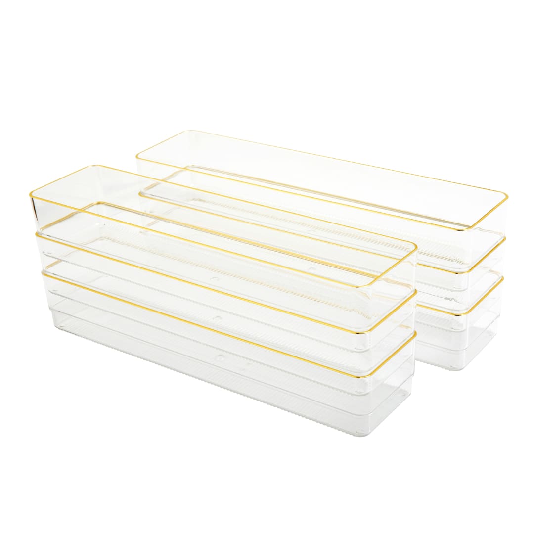 Kerry 6 Pack Plastic Stackable Office Desk Drawer Organizers with Gold Trim, 12" x 3"