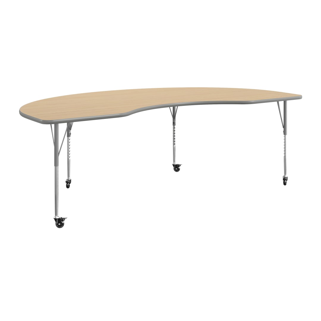 Wren 96" x 48" Kidney Adjustable Height Activity Table, Thermal Laminate Top, Standard Legs with Locking Casters, Light Natural
