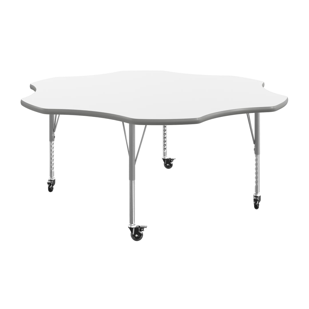 Wren 60" Flower Adjustable Height Activity Table, Thermal Laminate Top, Short Legs with Locking Casters, White