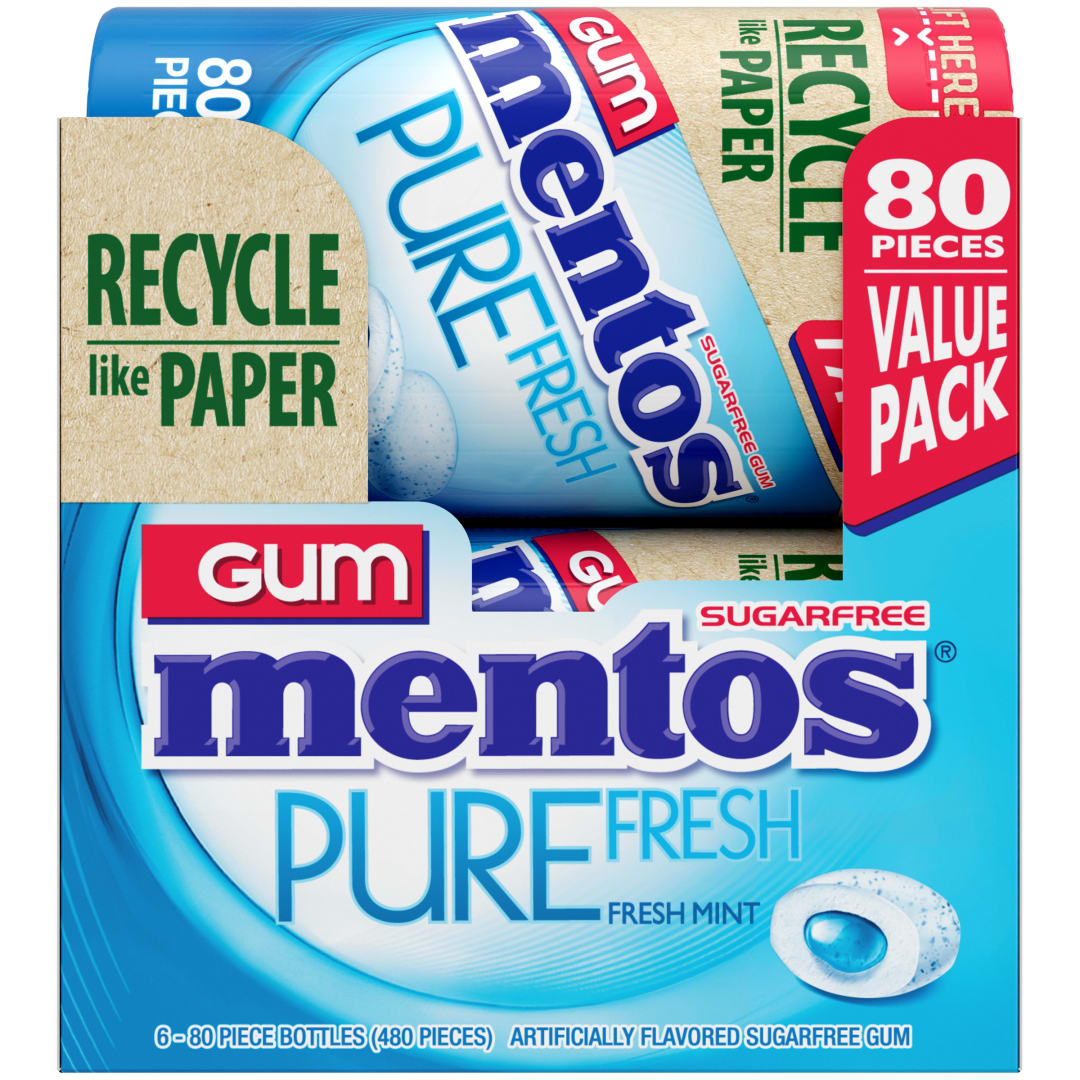 Mentos Gum Pure Fresh Sugar Free Chewing Gum Fresh Mint 80 pc Paperboard Bottles - 6 Pack