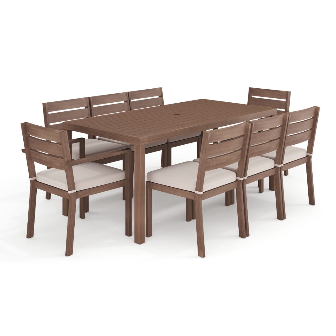 Bedford Indoor-Outdoor Patio Set with 71" Table and 8 Dining Chairs with Brown Brushed Woodgrain Aluminum Finish and Cream All-Weather Seat Cushions