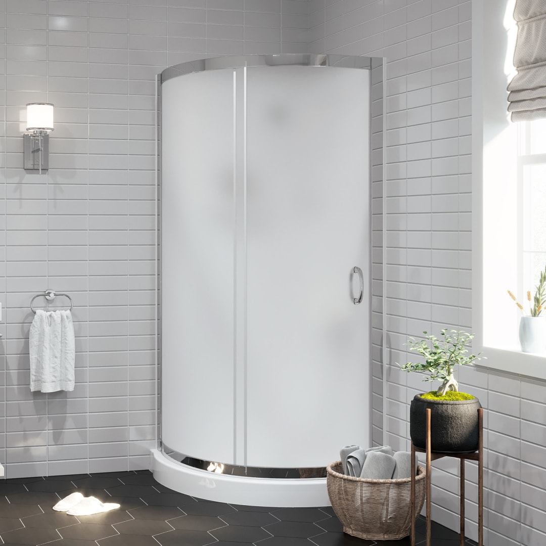 Breeze 35 in. L x 35 in. W x 77 in. H Round Corner Shower Kit in Chrome with Frosted Sliding Door, Acrylic Wall and Shower Base Pan