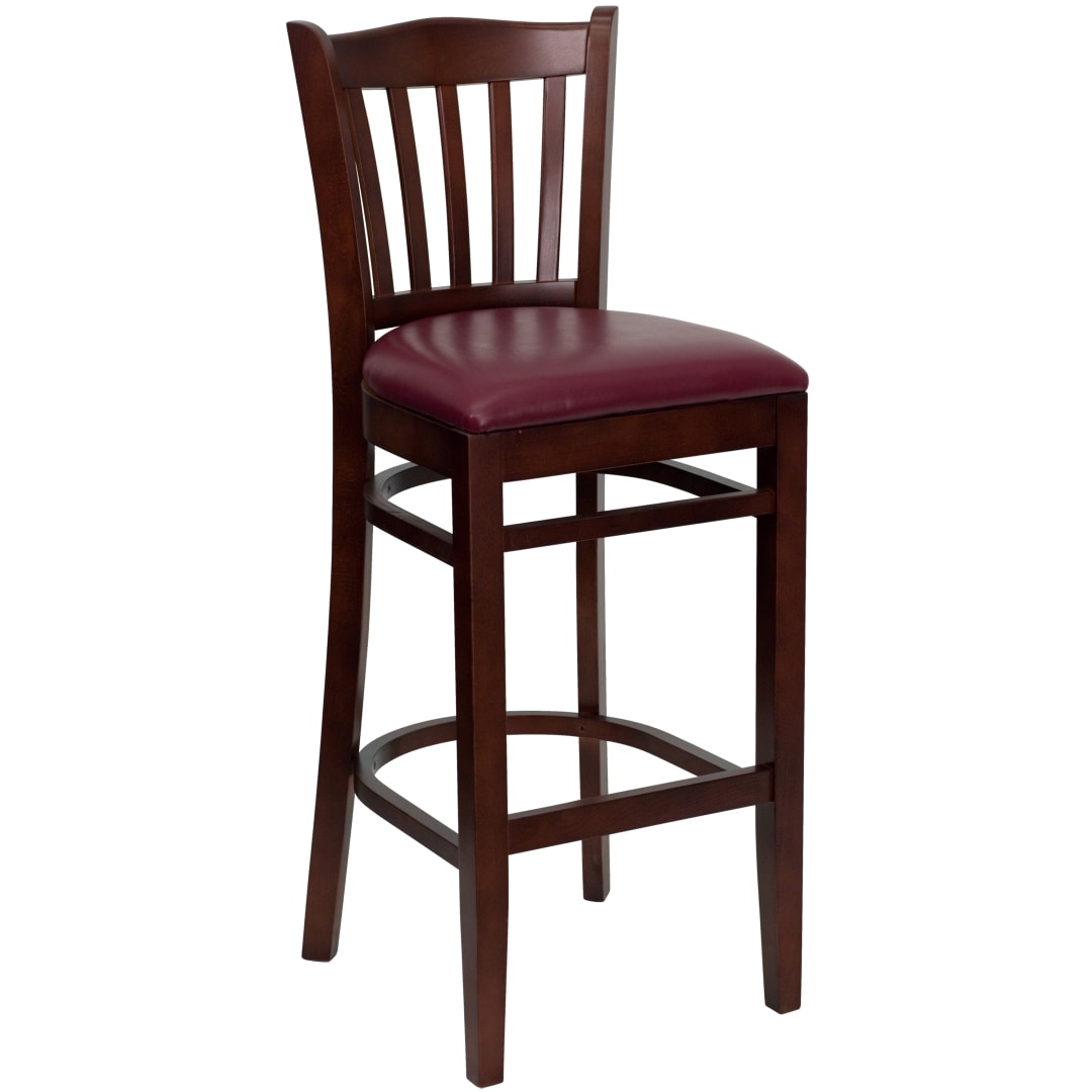 HERCULES Series Vertical Slat Back Mahogany Wood Restaurant Barstool - Burgundy Vinyl Seat
