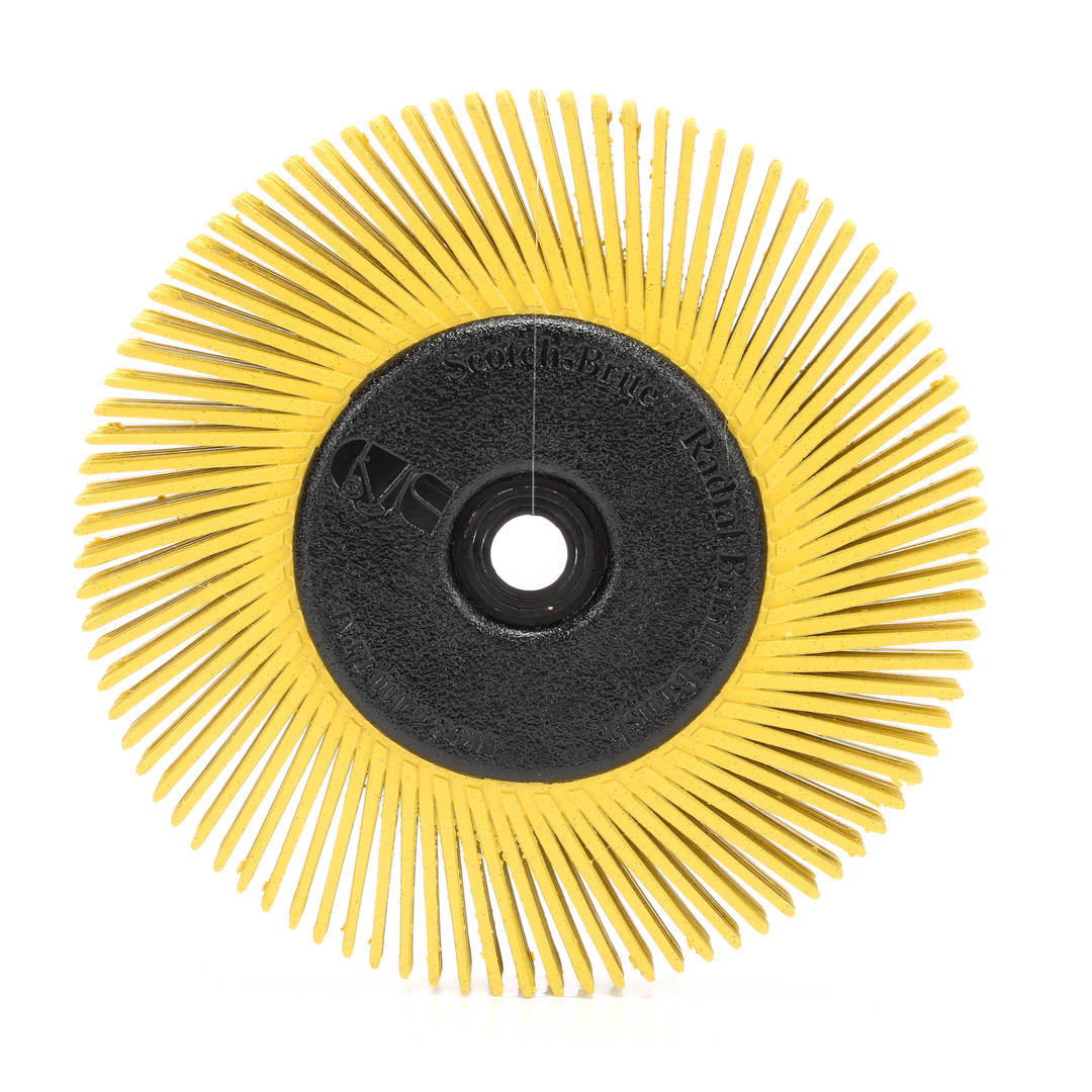 Escova Bristle™ Scotch-Brite™ Radial – Diâmetro de 152,4 mm, Espessura de 11 mm, Furo central de 25,4 mm, Grão 80, Amarelo = cerdas finas