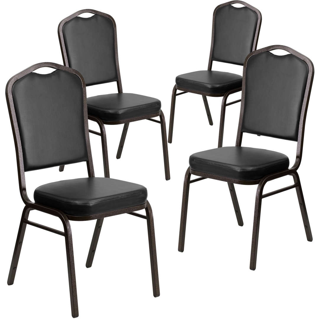4 Pack HERCULES Series Crown Back Stacking Banquet Chair in Black Vinyl - Gold Vein Frame