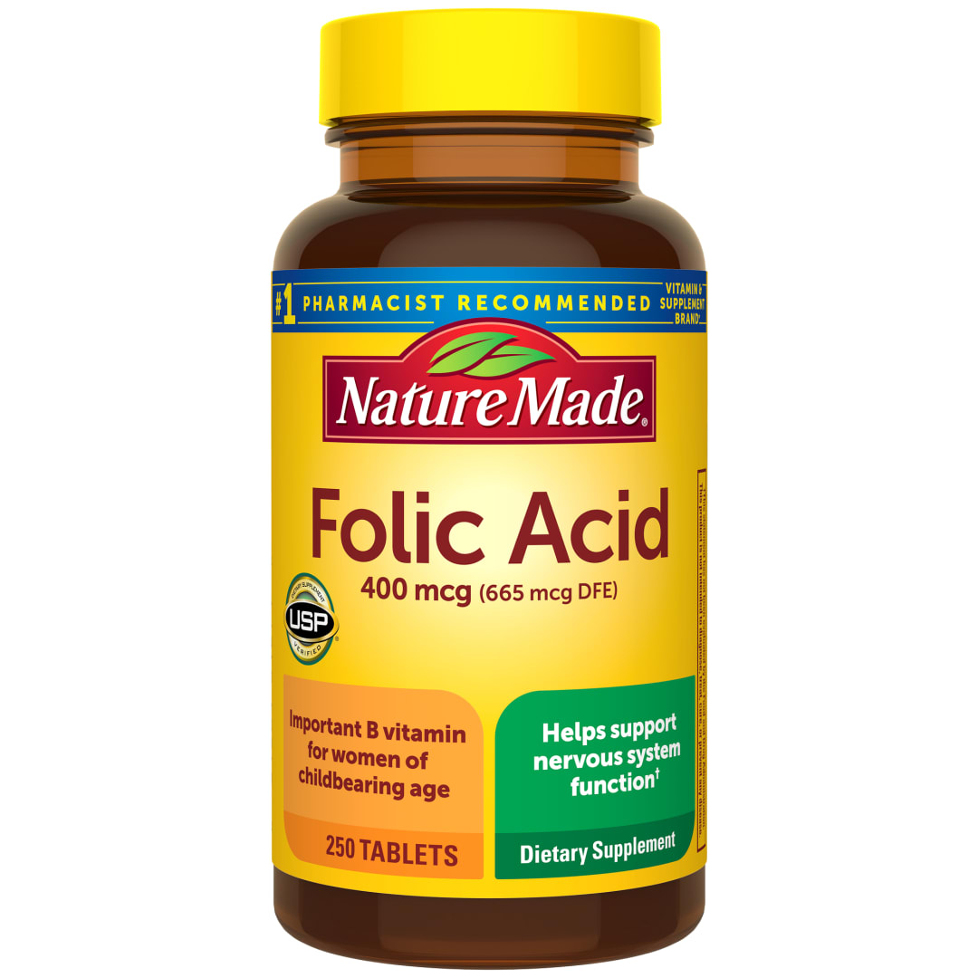Nature Made Folic Acid 400 mcg (665 mcg DFE), Dietary Supplement for Nervous System Function, 250 Tablets, 250 Day Supply