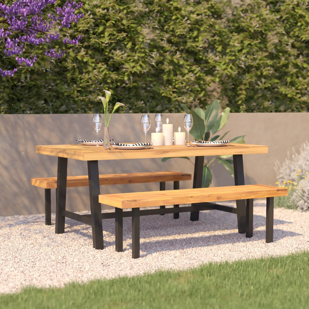 Rafe Commercial Grade Acacia Wood Dining Table with Metal Base, Indoor/Outdoor Rectangle Patio Table with Plank Style Table Top, Natural/Black
