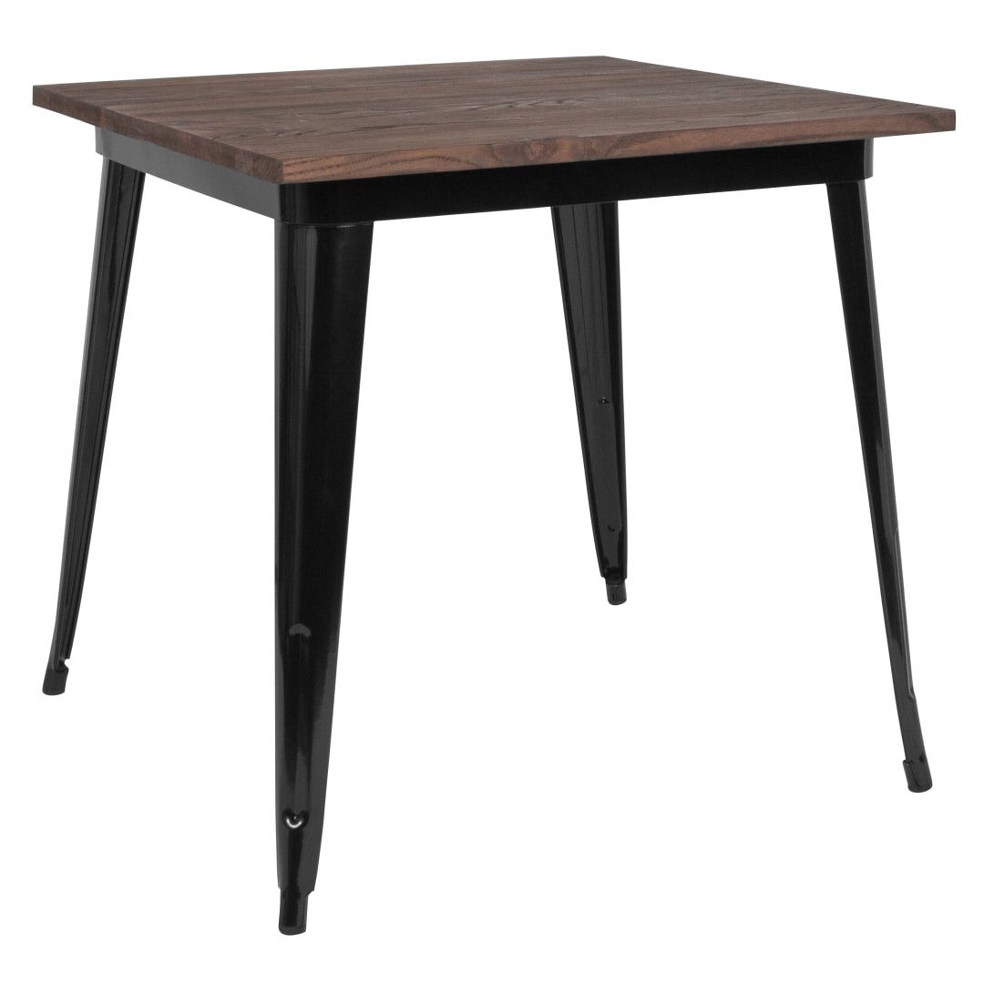 Toby 31.5" Square Black Metal Indoor Table with Walnut Rustic Wood Top
