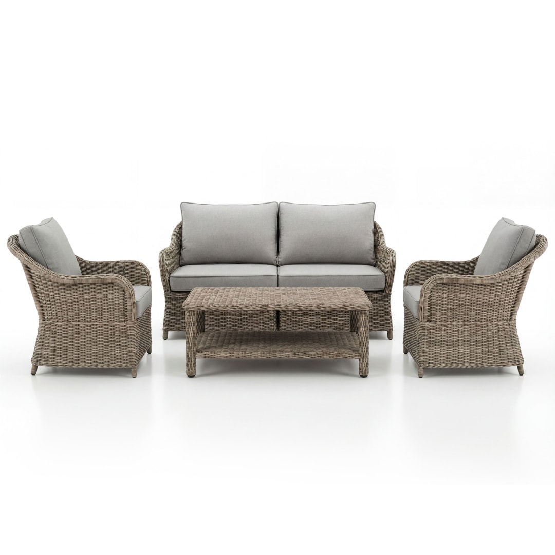 Lily Pond 5 Piece Indoor-Outdoor Conversation Set, Modular Loveseat, 2 Chairs, Coffee Table, Weathered Gray Rattan Wicker, Gray All-Weather Cushions