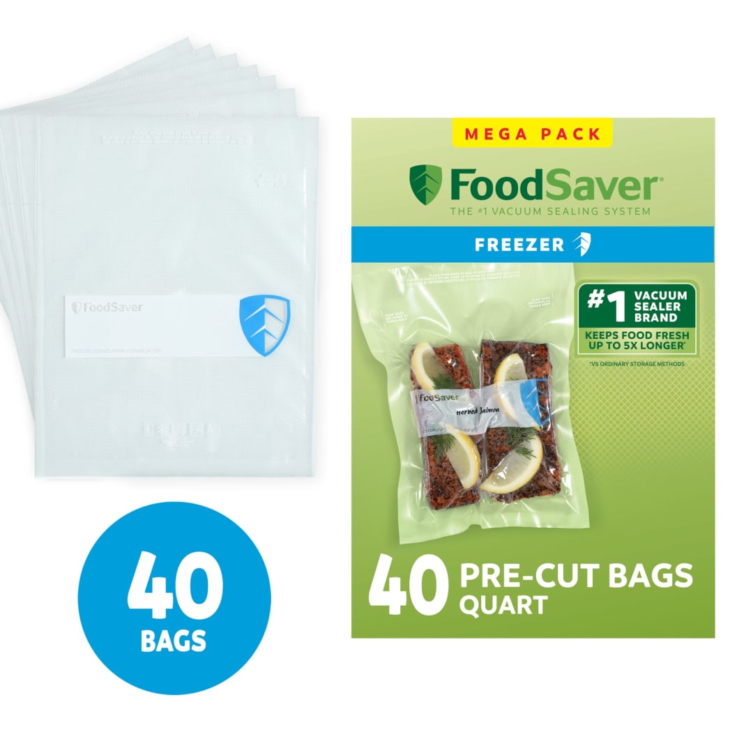 FoodSaver Quart Vacuum Seal Bags, 40 Count Pre-Cut BPA-Free Freezer Bags, Align to Seal & Tear to Open for Food Freezer, Sous Vide, and Meal Prep