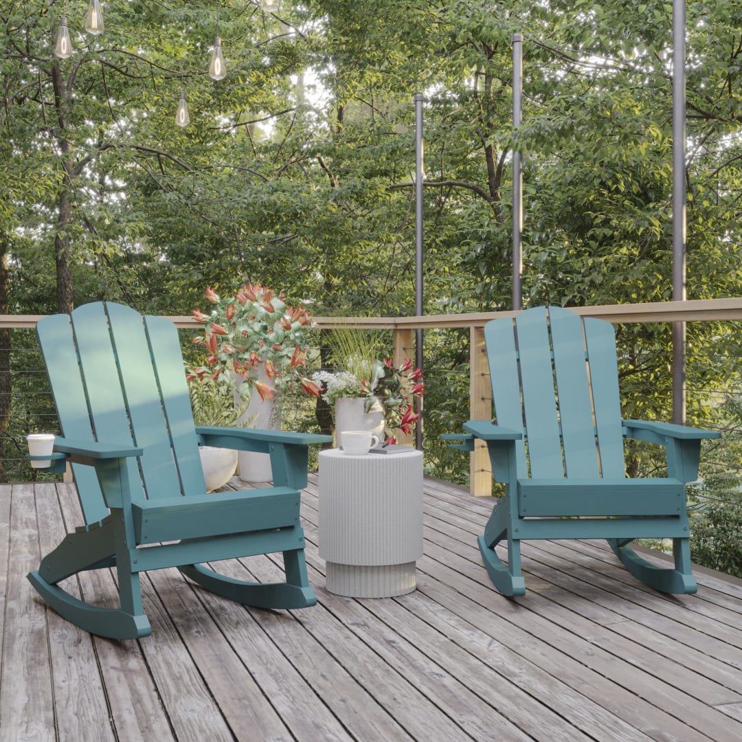 Newport Adirondack Rocking Chair with Cup Holder, Weather Resistant HDPE Adirondack Rocking Chair in Blue, Set of 2