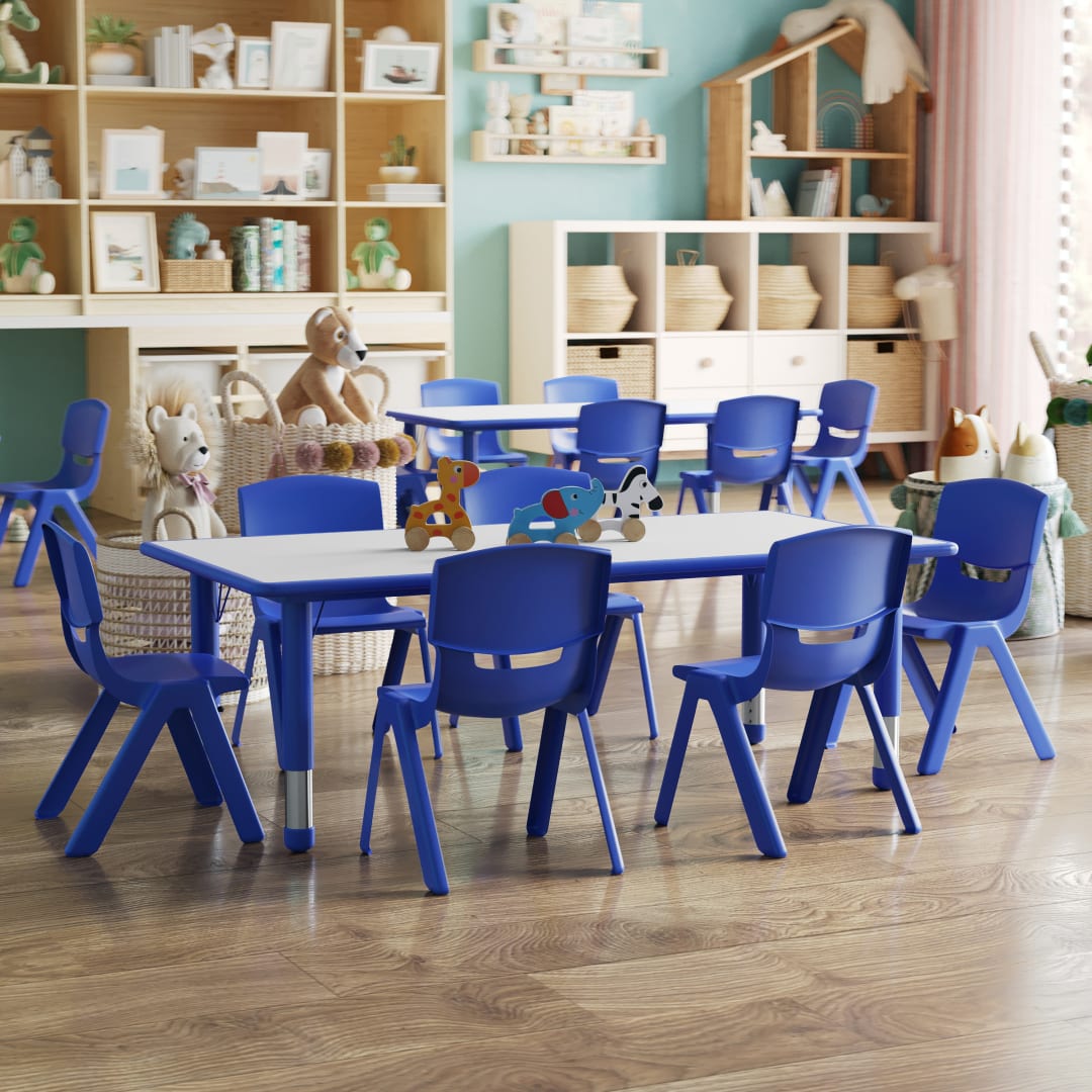 Emmy Adjustable Kids Activity Table Set – 23.6" x 47.25" Blue/Gray Plastic Table with 6 Blue Chairs – Classroom &amp; Daycare Table for Toddlers &amp; Kids